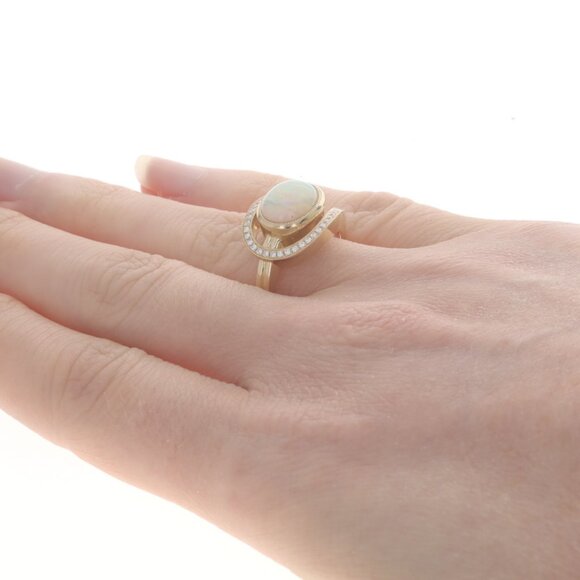 Yellow Gold Opal Diamond Loop Ring - 14k Oval Cabochon 2.09ctw Milgrain - Picture 4 of 6